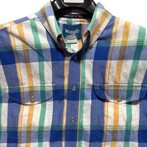 Wrangler Shirt Western Short Sleeve Plaid Button Up Shirt  Large Vintage